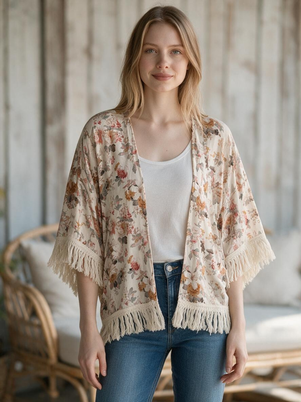 Umgee Floral Kimono Size S/M Beige Cardigan Fringe Boho
